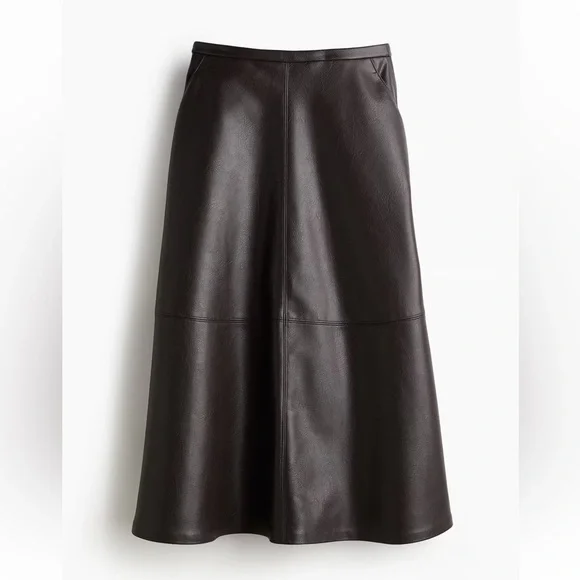 H&M Edition (2) Chocolate Brown Coated Leather Look Skirt- A Line Midi Length - Picture 1 of 9